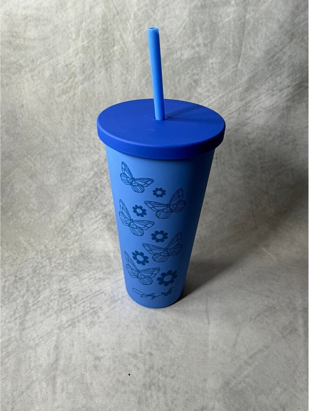 Dolly Parton 20 oz Blue Tumbler Cup Butterflies Flowers Lid Straw